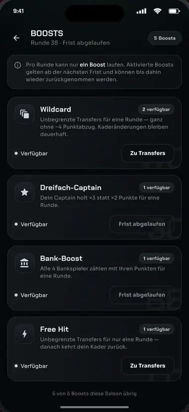 App-Ansicht «Boosts»: Wildcard, Dreifach-Captain, Bank-Boost und Free Hit.