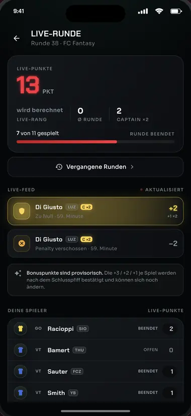 App-Ansicht «Live-Runde»: Live-Punkte der eigenen Spieler während der laufenden Runde.