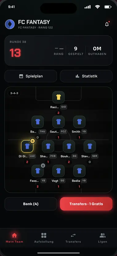 App-Ansicht «Mein Team»: Punktestand der Runde, Formation auf dem Feld mit Captain und Vize, Bank und Guthaben.
