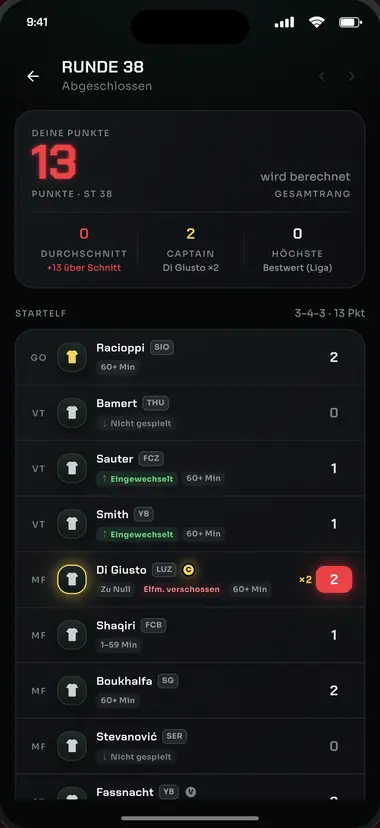 App-Ansicht «Punkte»: Punkte je Spieler für eine abgeschlossene Runde.