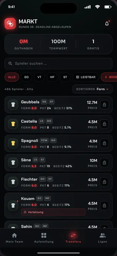 App-Ansicht «Markt»: Spielerliste mit Preisen, Form und Filtern für Transfers.