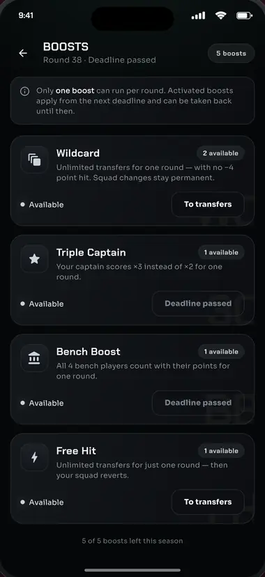 App view “Boosts”: Wildcard, Triple Captain, Bench Boost and Free Hit.
