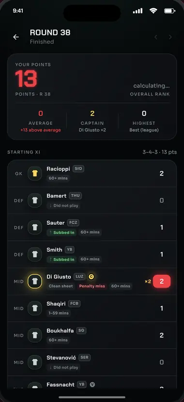App view “Points”: points per player for a finished Round.