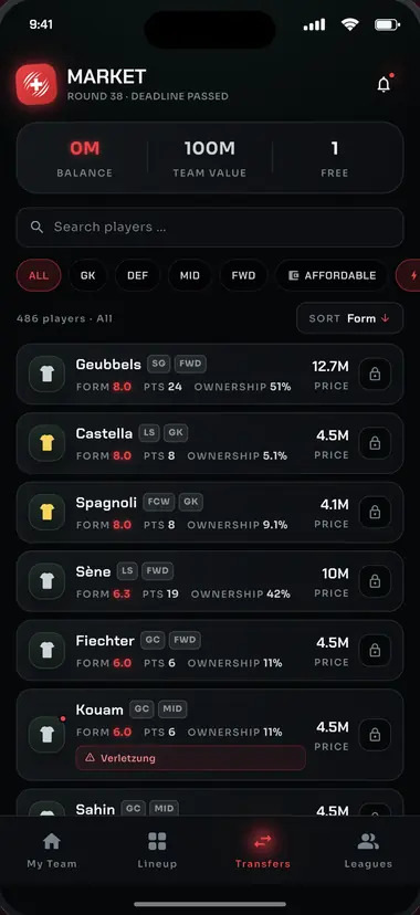 App view “Market”: player list with prices, form and transfer filters.