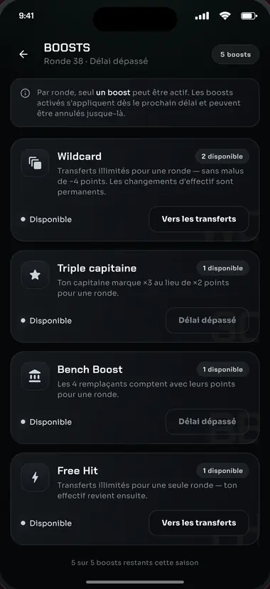 Vue « Boosts » de l'appli : Wildcard, Triple capitaine, Bench Boost et Free Hit.