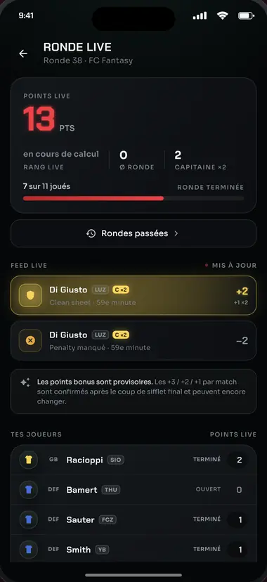 Vue « Ronde live » de l'appli : points en direct de tes joueurs pendant la ronde en cours.