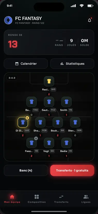 Vue « Mon équipe » de l'appli : score de la ronde, composition sur le terrain avec capitaine et vice-capitaine, banc et solde.