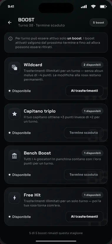 Vista «Boost» dell'app: Wildcard, Capitano triplo, Bench Boost e Free Hit.