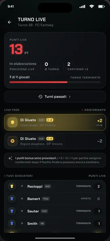 Vista «Turno live» dell'app: punti in diretta dei tuoi giocatori durante il turno in corso.